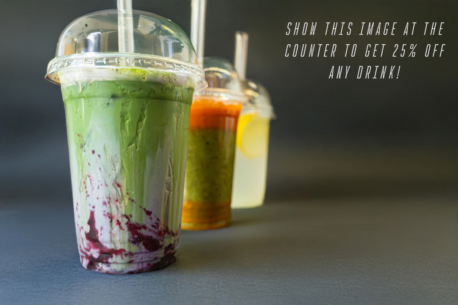 Campaign photograph of Qaiso's drinks range with a 25% off offer