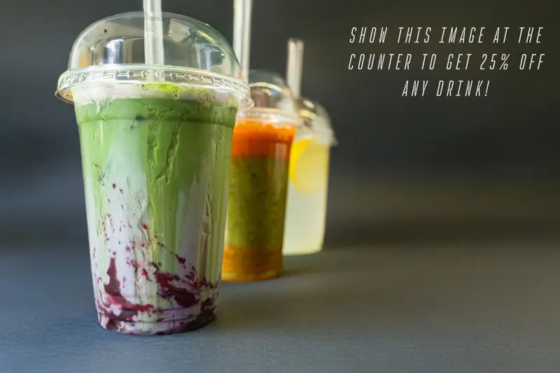 Campaign photograph of Qaiso's drinks range with a 25% off offer